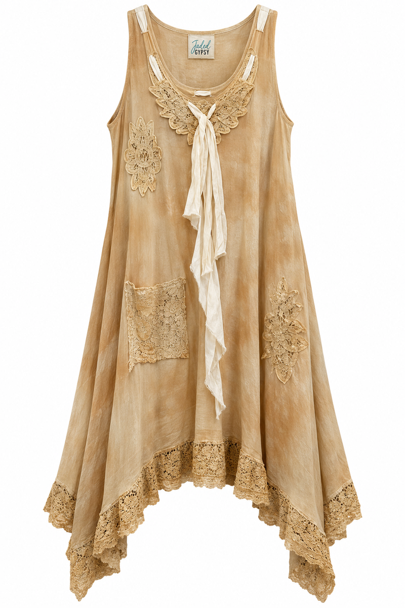 Trestles Clothing Company Wandering Spirit cotton dress with vintage stained finish, lace trim, and ribbon ties.